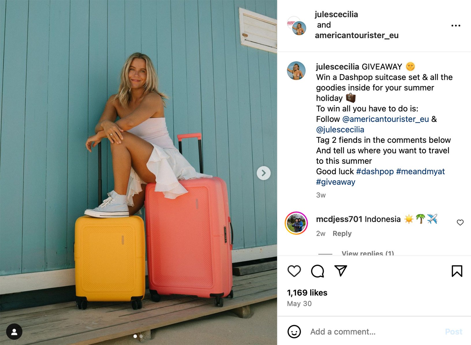 Instagram post showcasing a suitcase giveaway for travel enthusiasts
