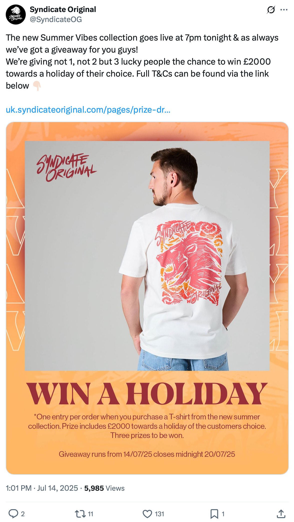 Syndicate Original tweet promoting a summer giveaway with a model wearing the new t-shirt