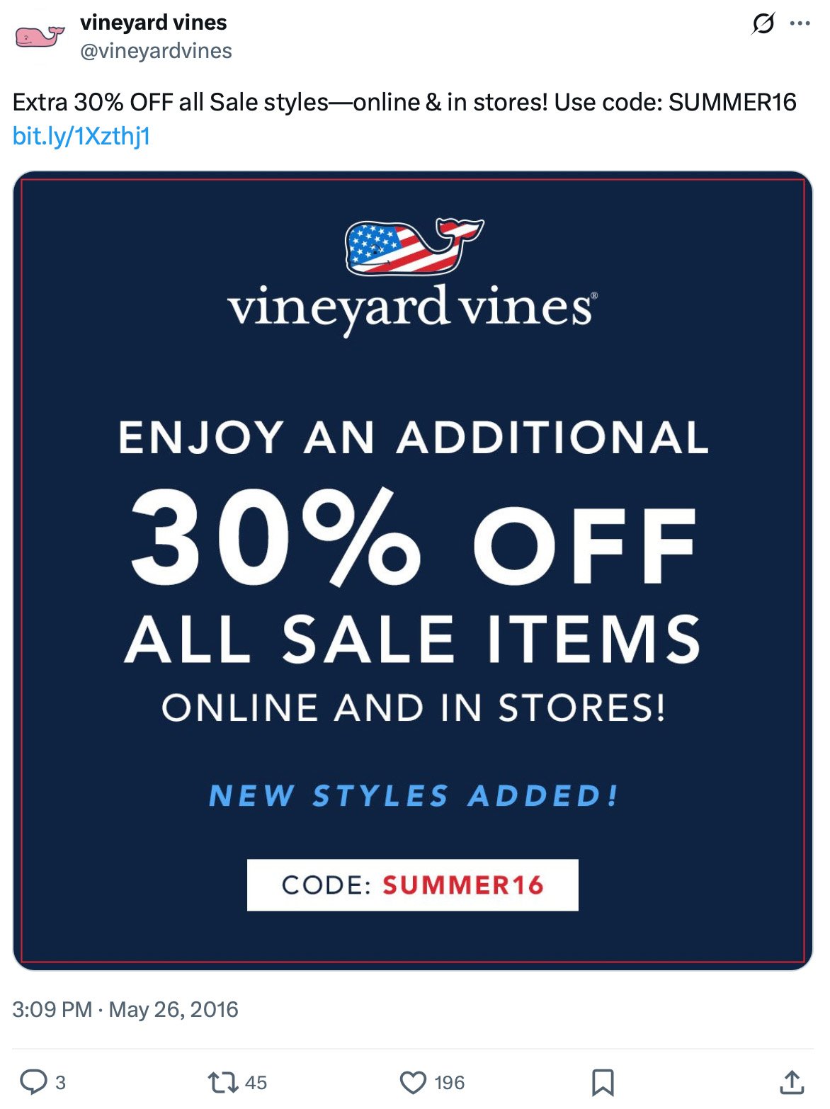 Tweet from Vineyard Vines promoting an additional 30% off sale items online and in-store with code SUMMER16