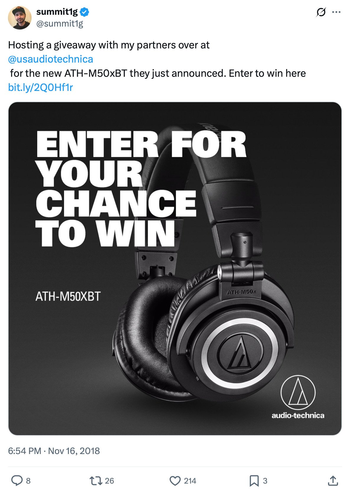 Audio-Technica ATH-M50xBT headphones with giveaway call to action text