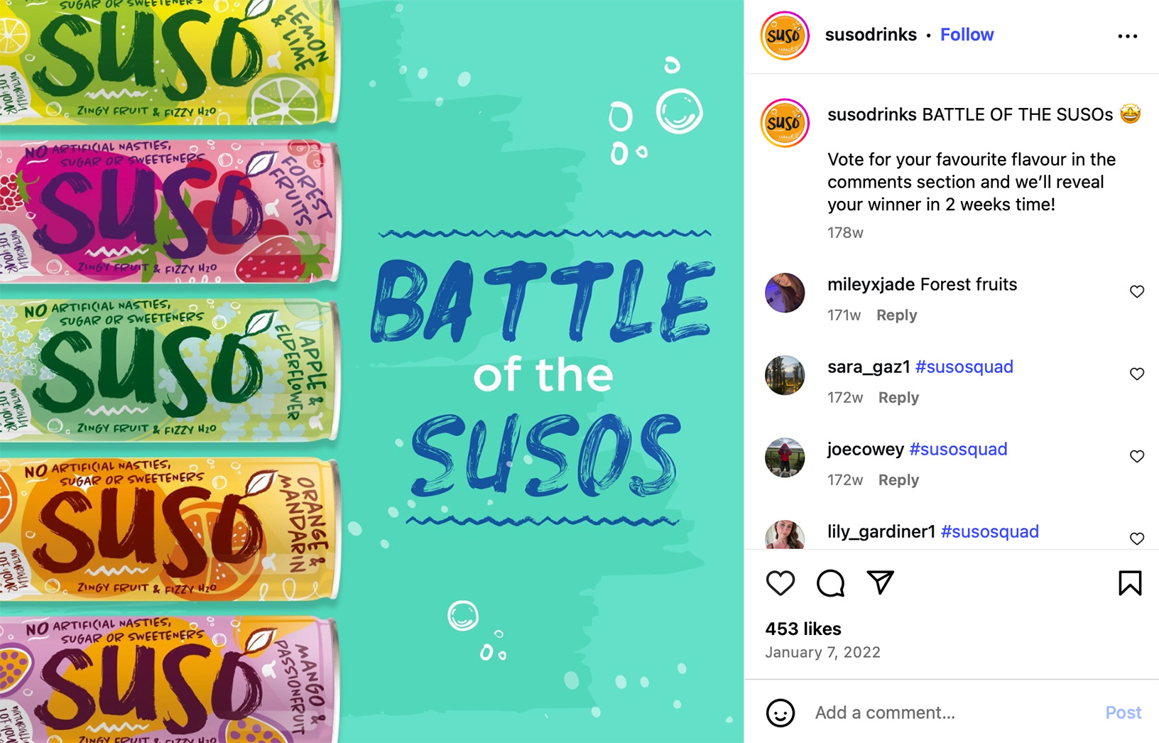 Instagram contest post showing five colourful SUSO cans with the text 'Battle of the SUSOs'