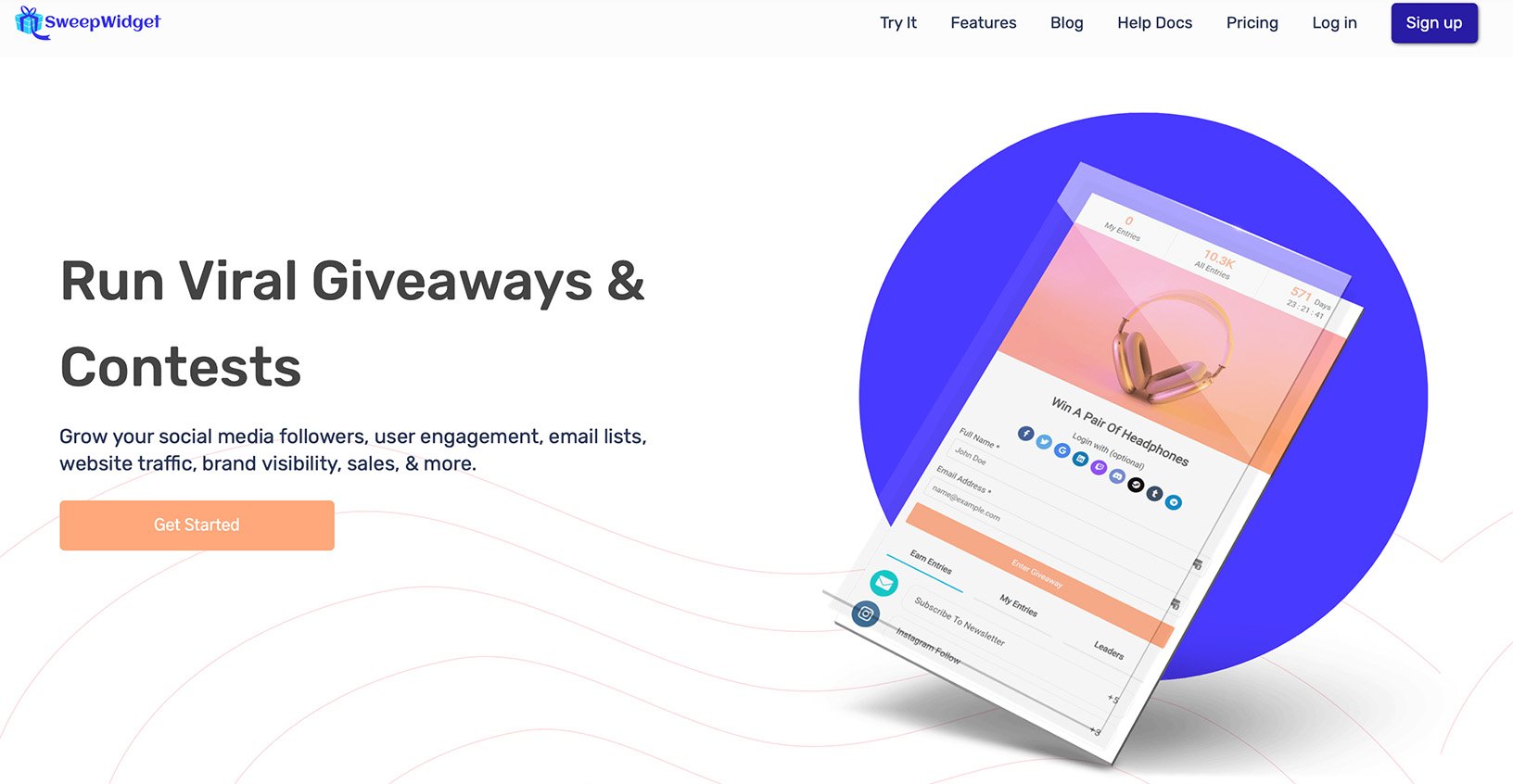 SweepWidget homepage featuring viral giveaway contest builder with headphone prize example
