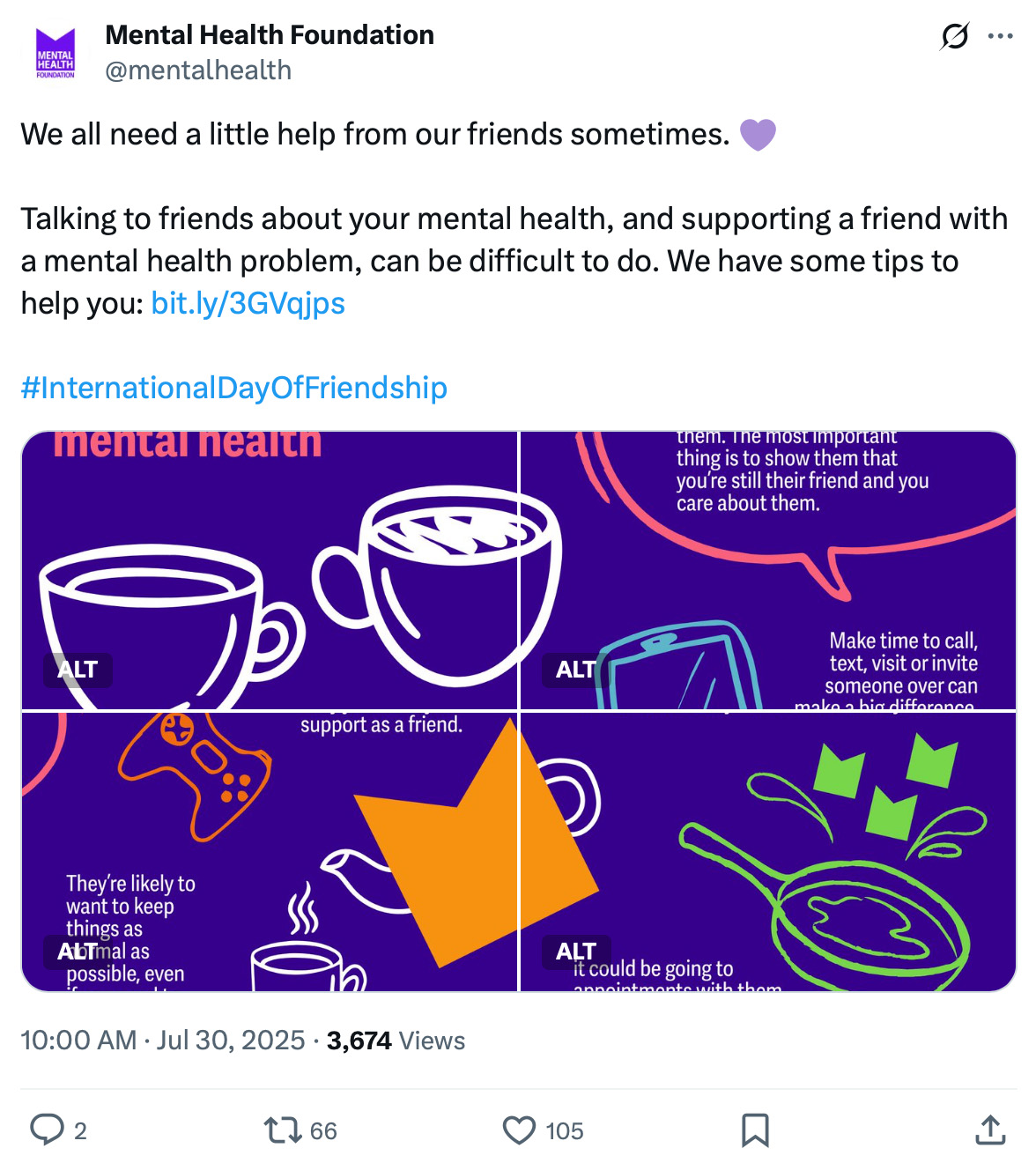 Tweet from Mental Health Foundation about how to support friends with mental health problems, featuring illustrated tips like making time to connect and showing you care