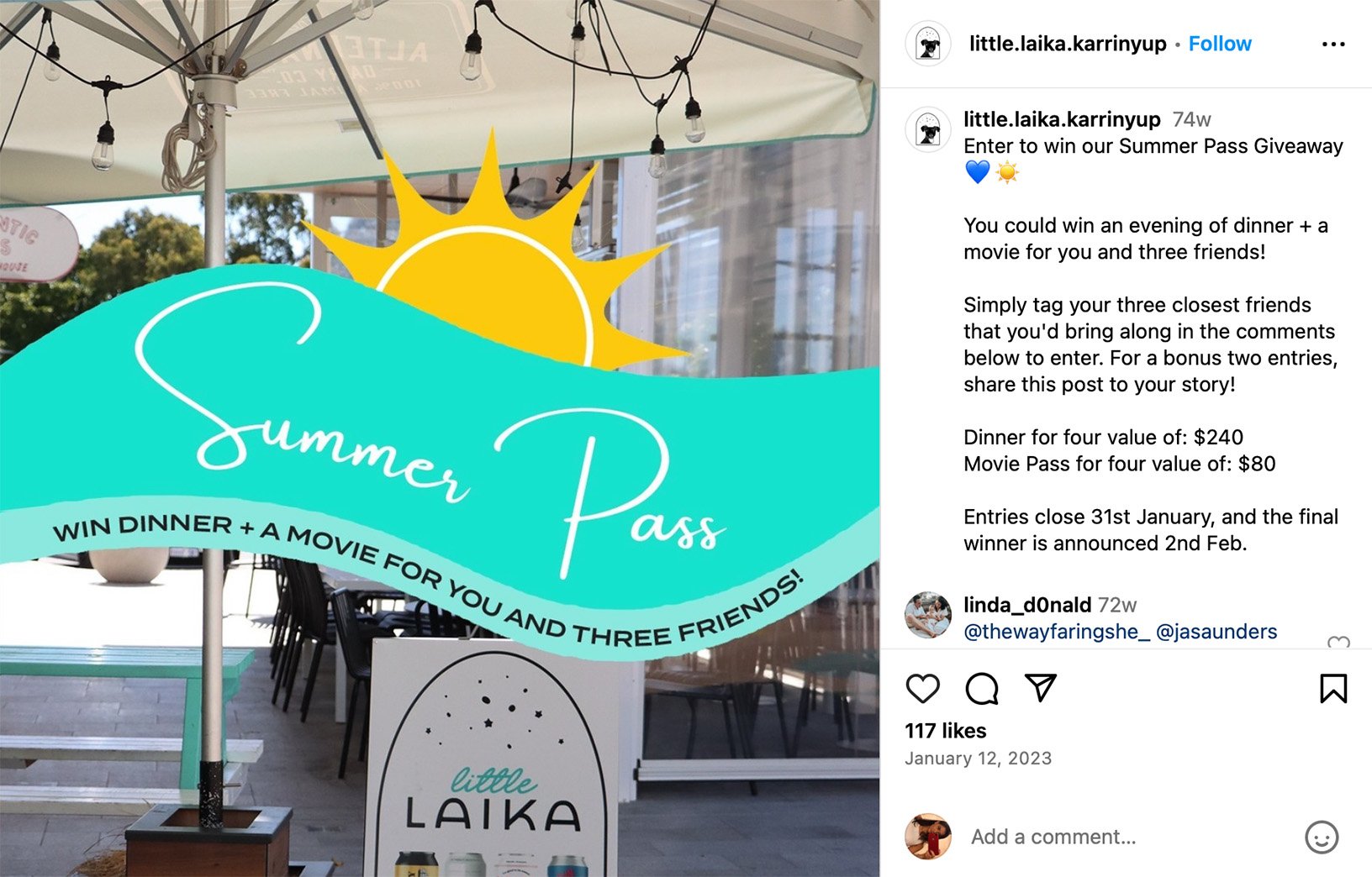 Instagram post encouraging users to tag a friend for a giveaway entry