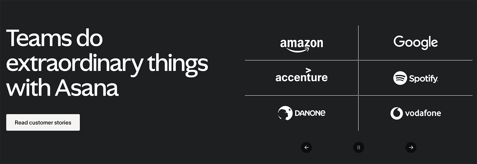 Asana customer stories page featuring brands like Amazon, Google, and Spotify