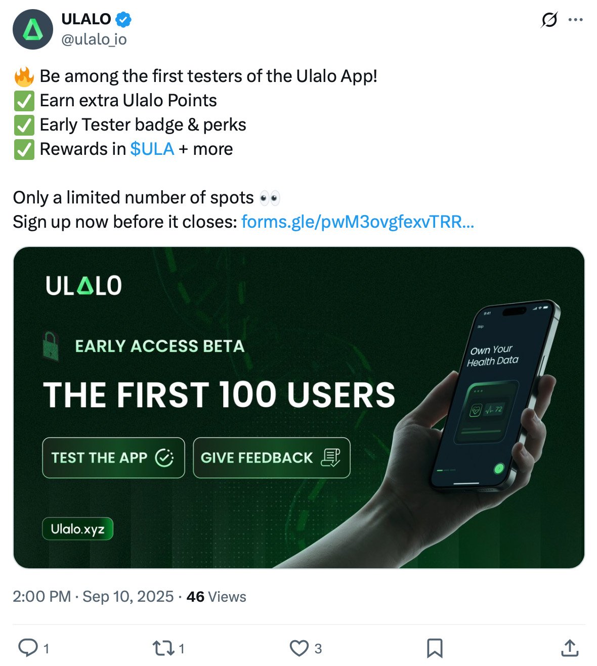 Tweet from Ulalo offering early access beta to the first 100 testers with rewards and perks