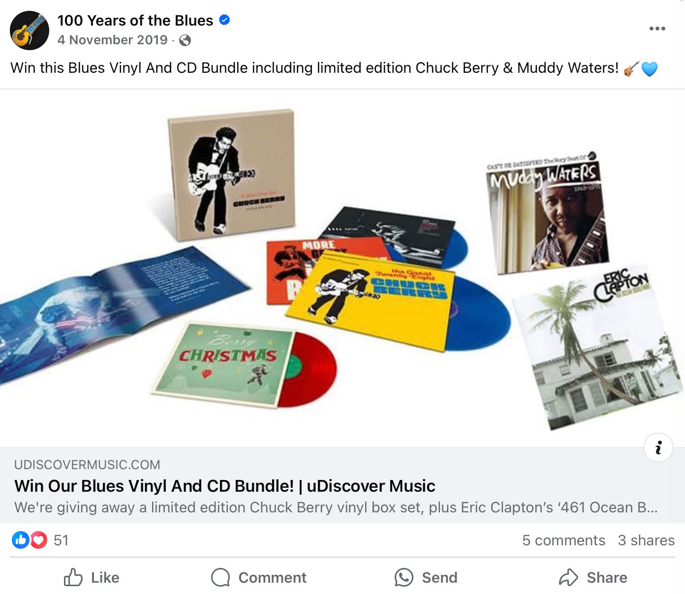 Blues vinyl and CD collection featuring Chuck Berry, Muddy Waters, and Eric Clapton