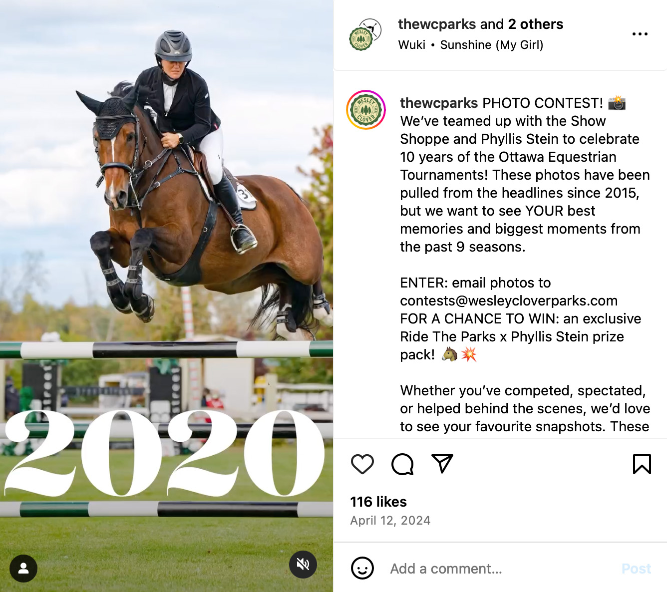 WC Parks Instagram post promoting a community giveaway with outdoor park imagery and local engagement messaging
