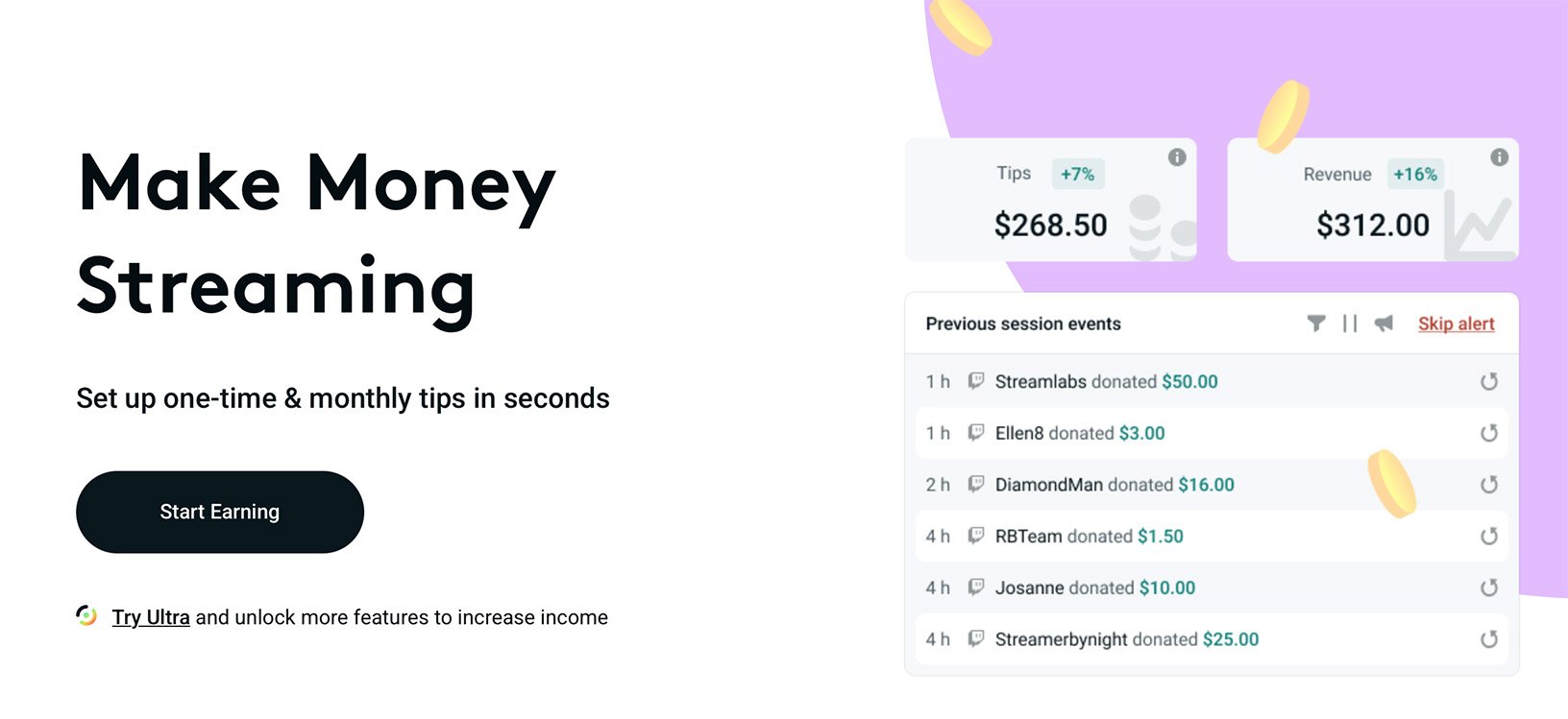 Streamlabs tipping dashboard showing donation totals and recent supporter activity