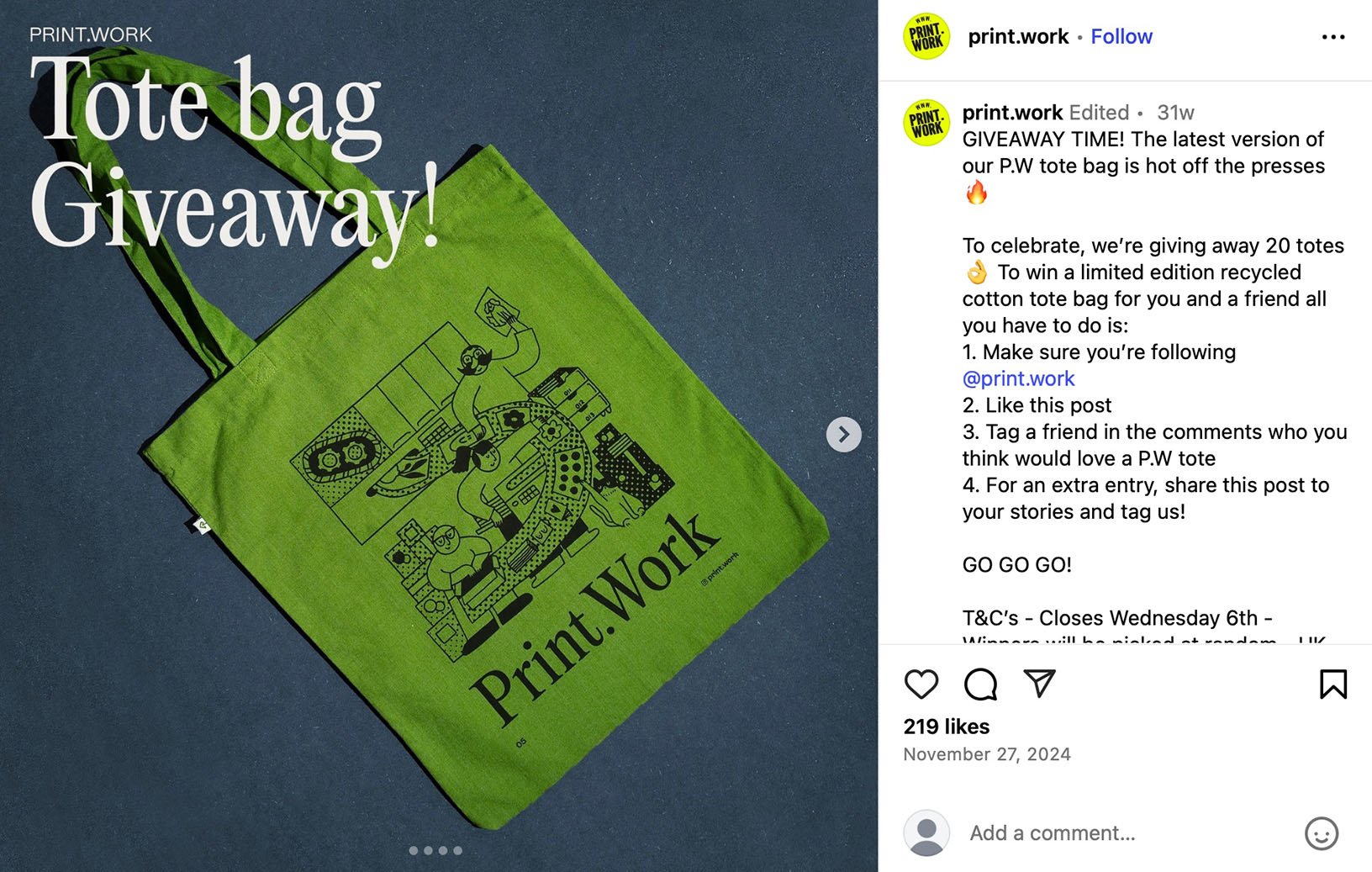 Print.Work runs an Instagram giveaway offering 20 limited edition recycled tote bags