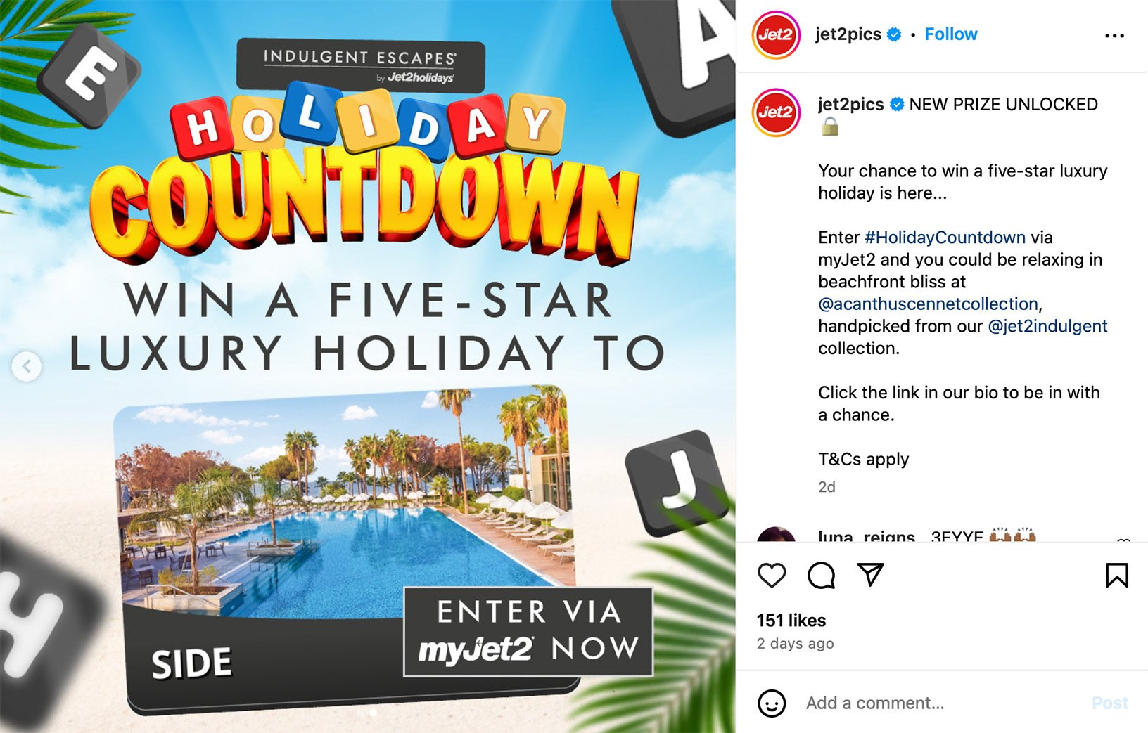 Travel giveaway example on Instagram