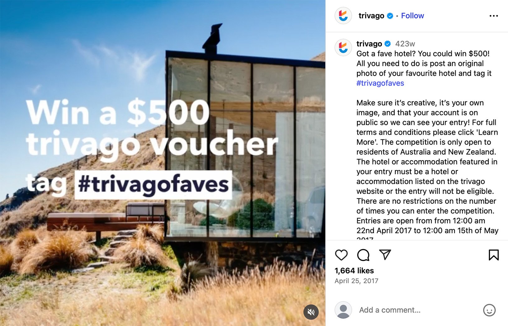 Trivago Instagram post featuring a giveaway or travel promotion with branded travel gear