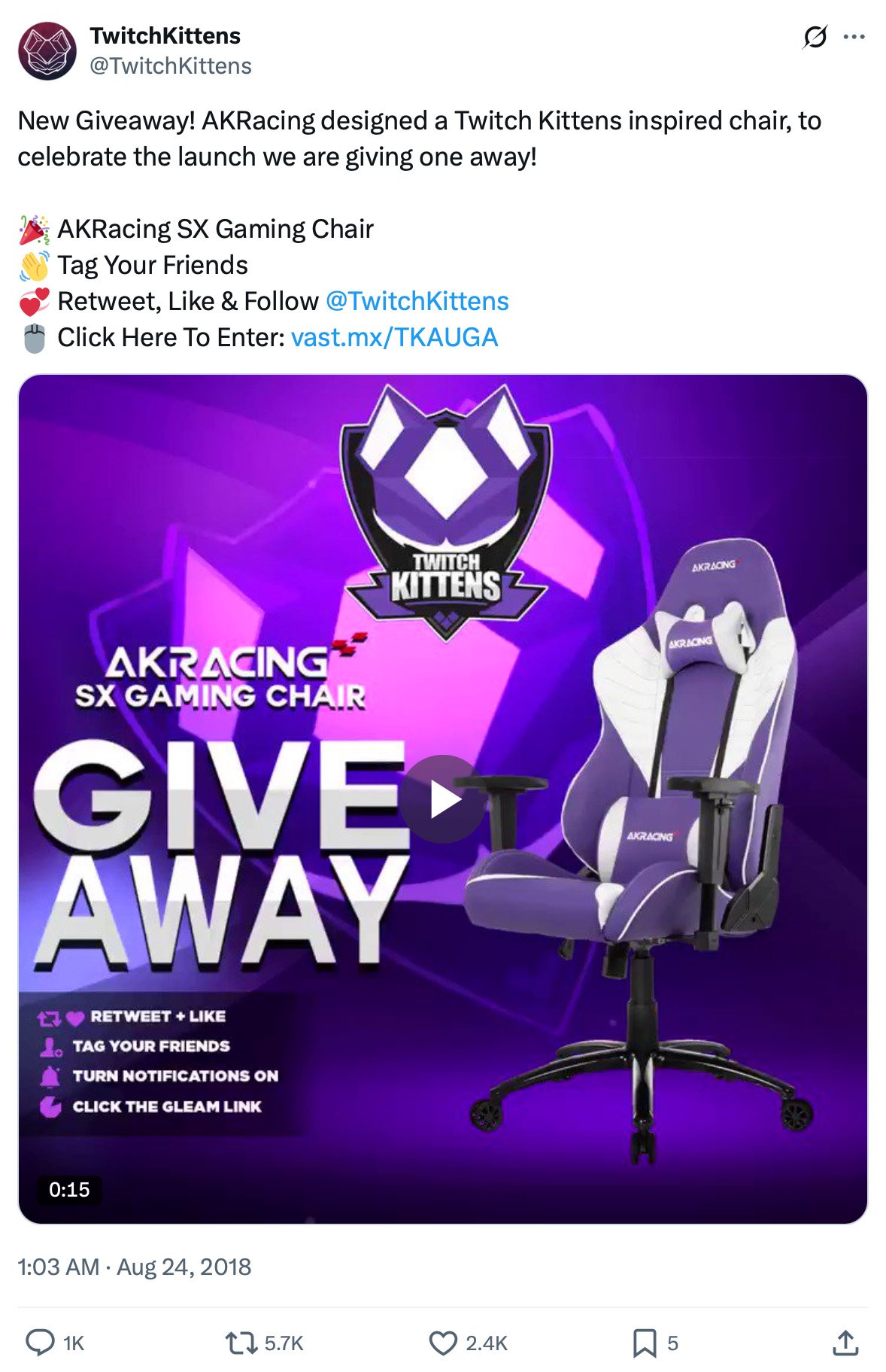 TwitchKittens gaming chair giveaway on Twitter