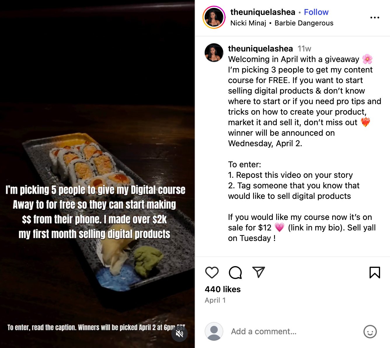Instagram giveaway offering a free digital course, shown with sushi in the background