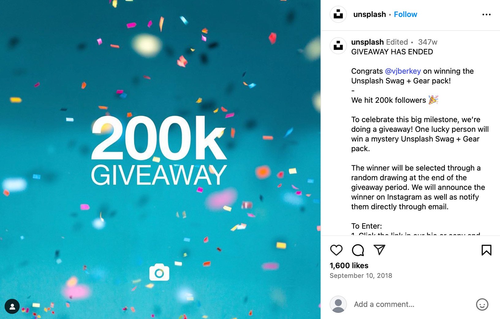 Unsplash giveaway promotion on Instagram