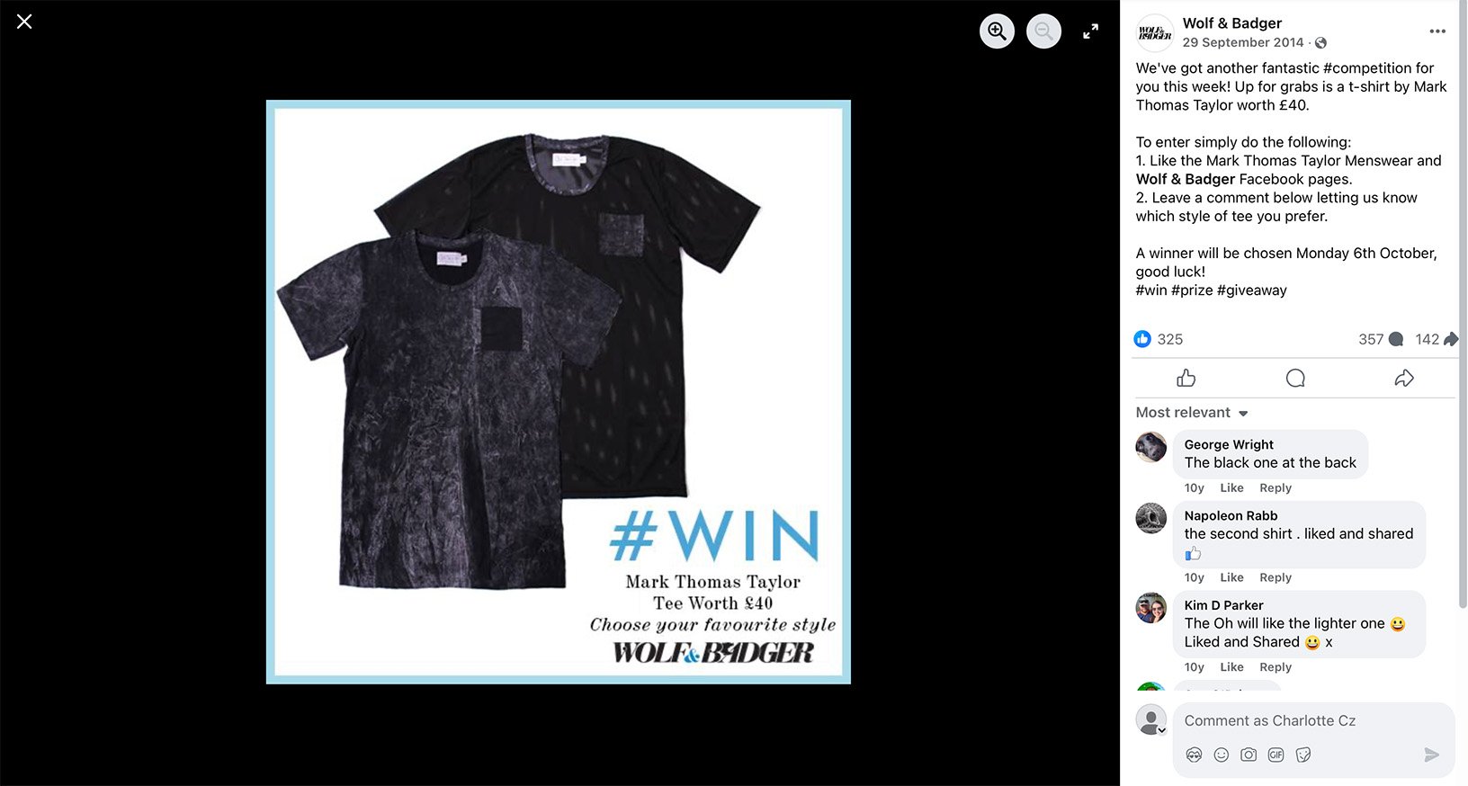 Wolf & Badger giveaway promotion on Facebook