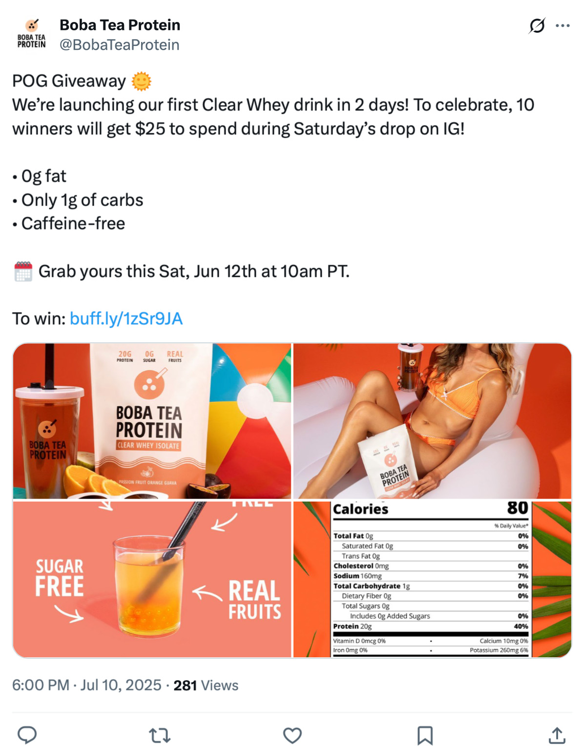 X post from Boba Tea Protein announcing a giveaway to promote their Clear Whey drink launch, highlighting nutrition facts such as 0g fat, 1g carbs, caffeine-free, with product and lifestyle images.
