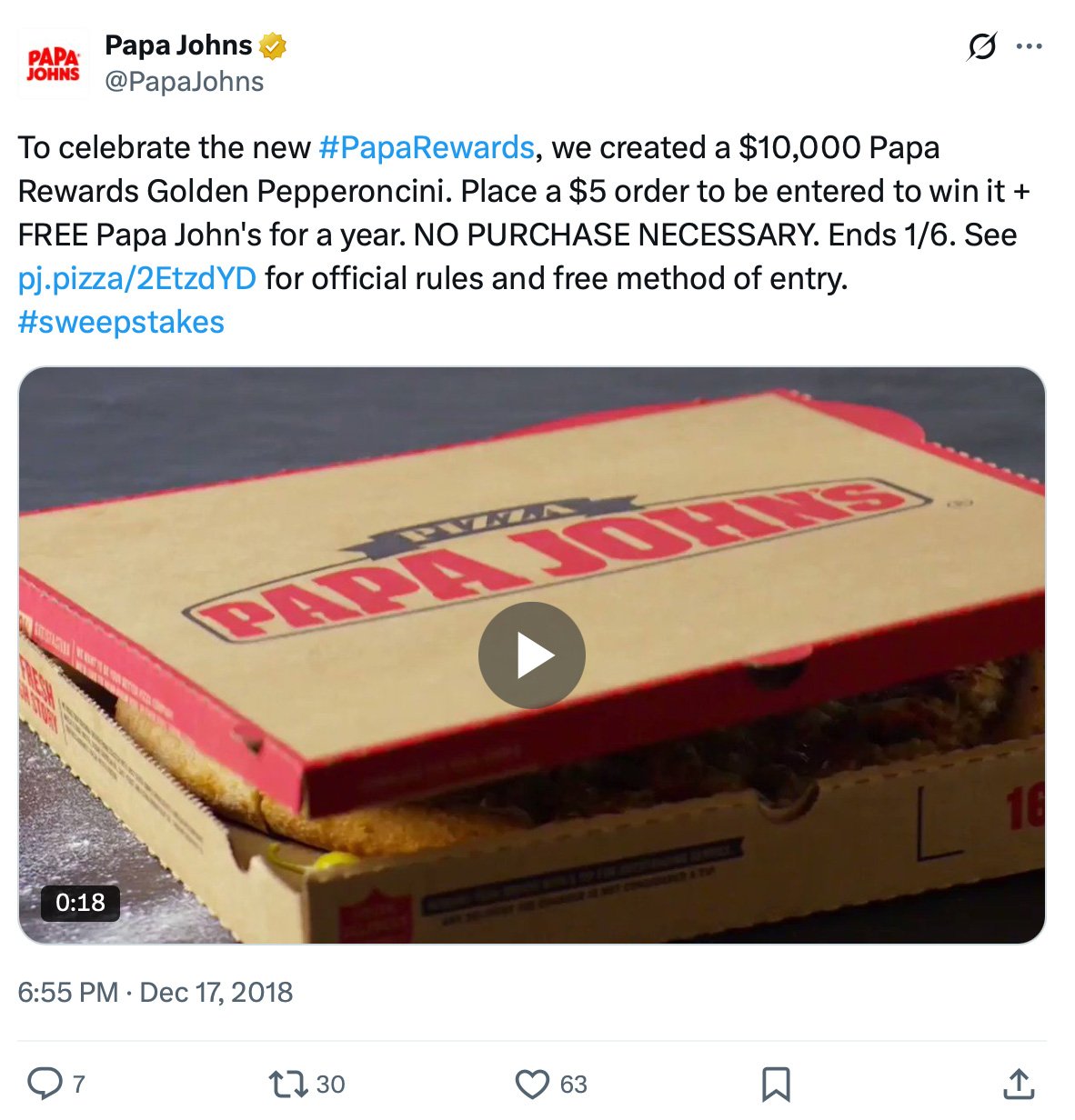 Papa John’s pizza box with sweepstakes announcement overlay
