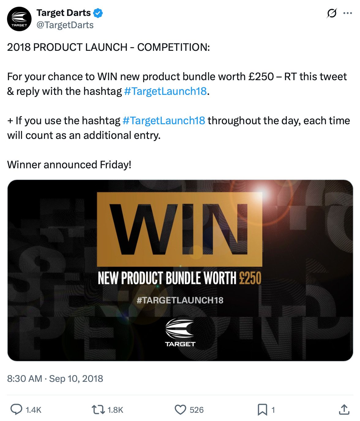 Twitter post by Target Darts promoting a competition to win a £250 product bundle using the hashtag #TargetLaunch18