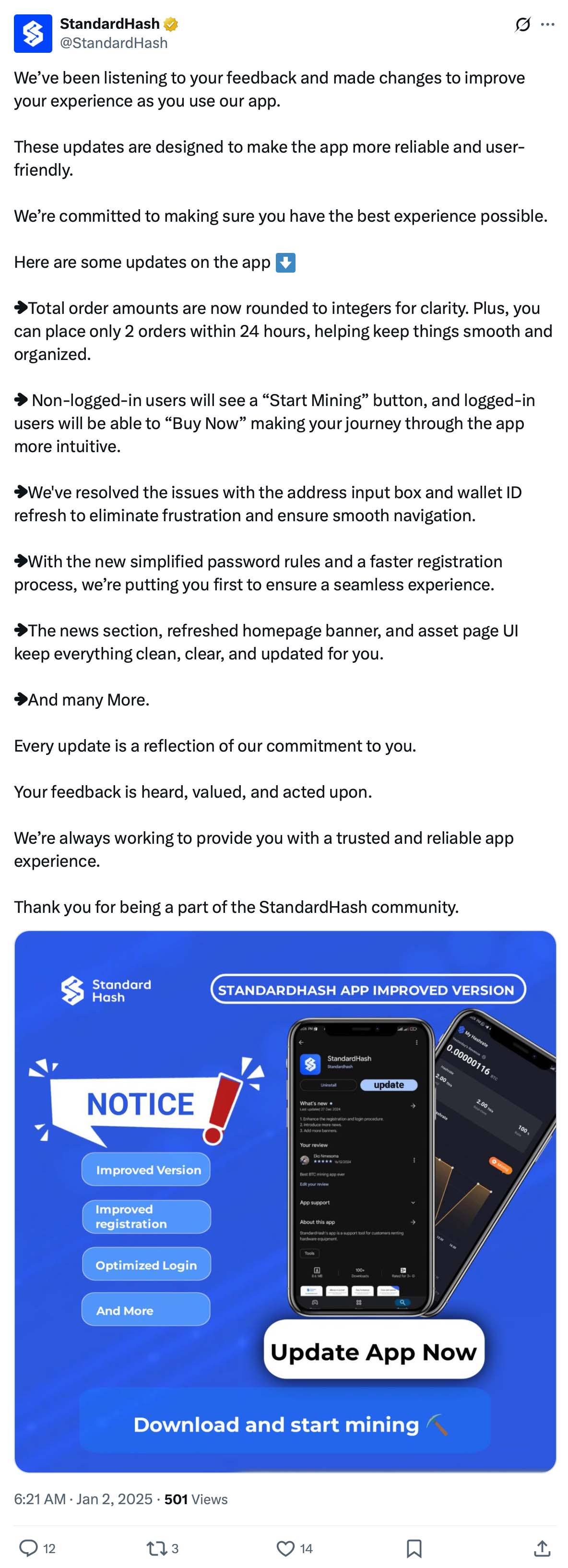 StandardHash tweet outlining recent app improvements based on customer feedback, including UI changes, login updates, and a call to update the app