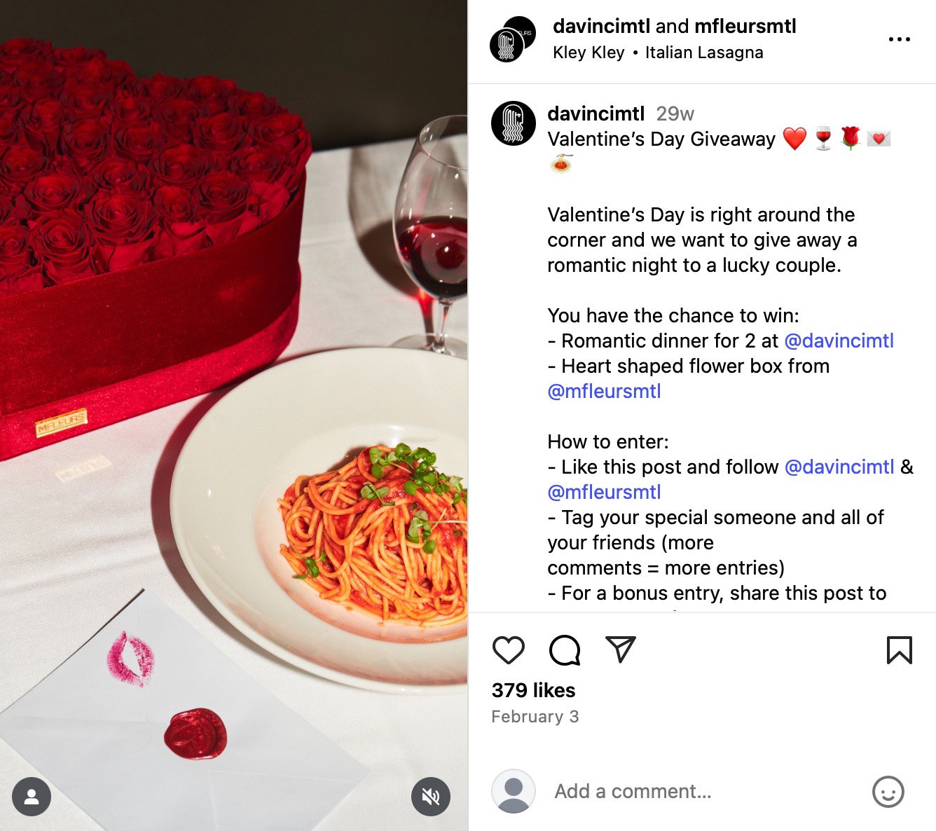 Instagram Valentines giveaway post featuring a romantic dinner plate of pasta, a glass of wine, and a red heart-shaped flower box