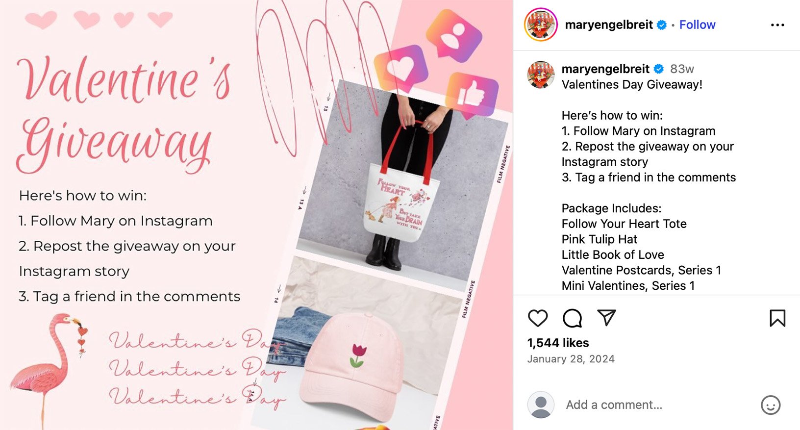 Instagram Valentine’s Day giveaway post with entry rules and prize items including tote bag and pink hat