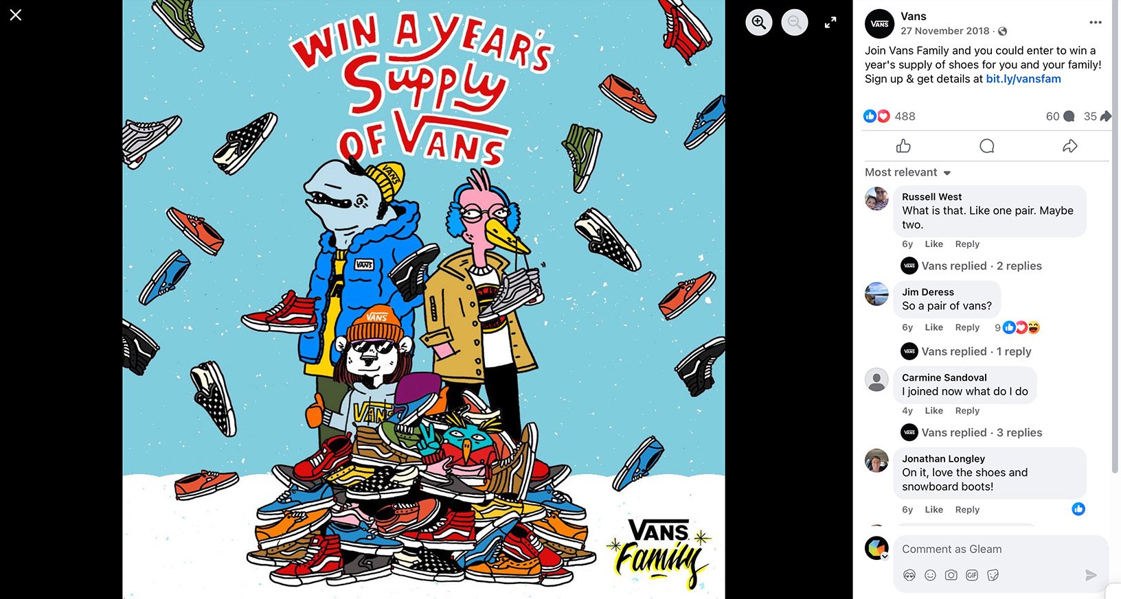 Illustrated Facebook giveaway post by Vans featuring cartoon characters and flying shoes