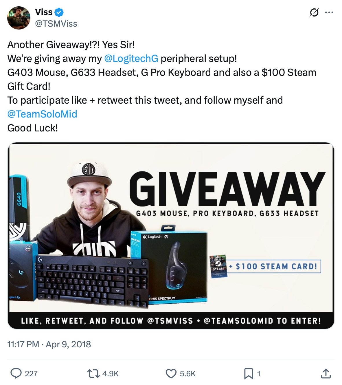 Streamer TSMViss sitting behind Logitech G gear and $100 Steam card with giveaway banner