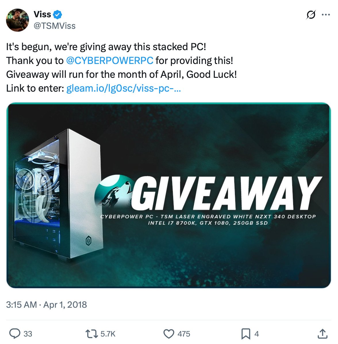 Twitter post by Viss announcing a CyberPowerPC giveaway featuring a high-spec white desktop PC