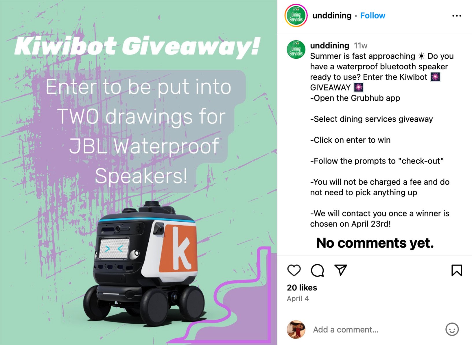 Instagram post promoting a waterproof speaker giveaway for summer activities