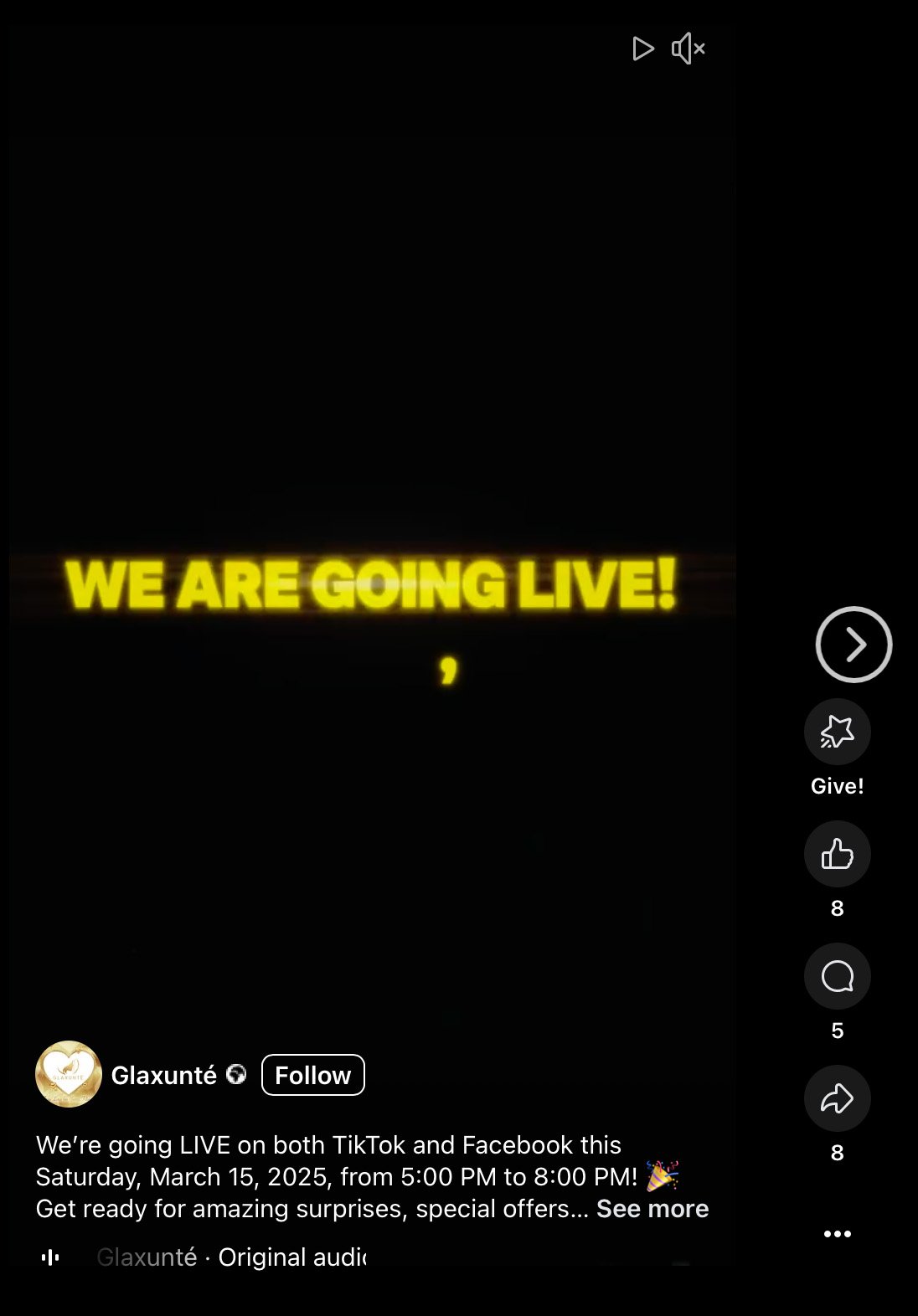 Facebook Reel post announcing a live event with bold text and visual call-to-action