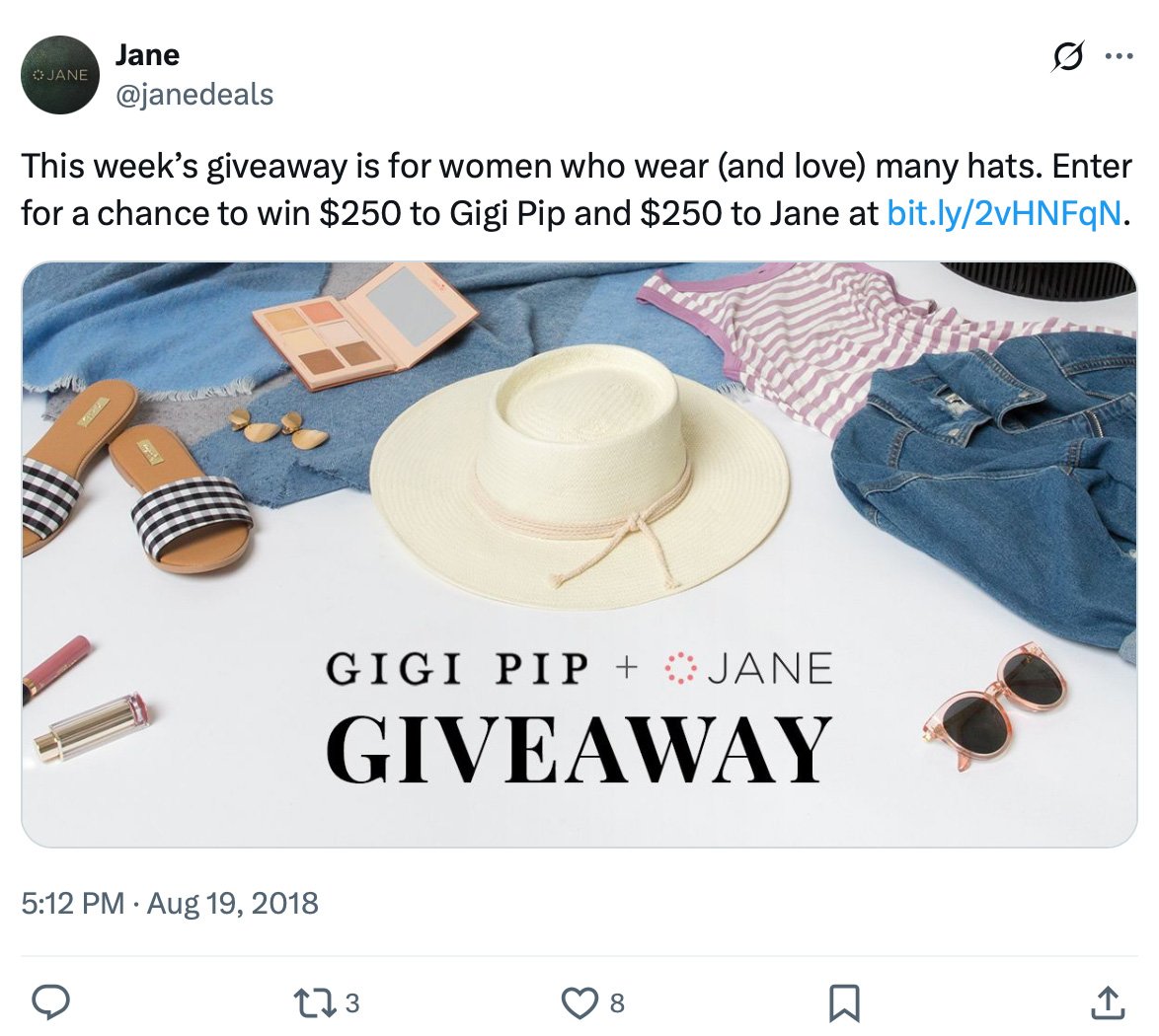 Jane giveaway campaign on Twitter featuring hats promotion