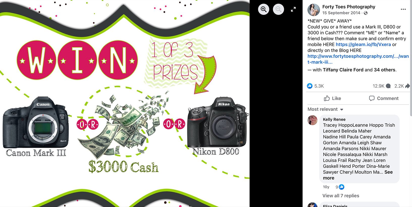 Forty Toes Photography Facebook giveaway post with three prize options