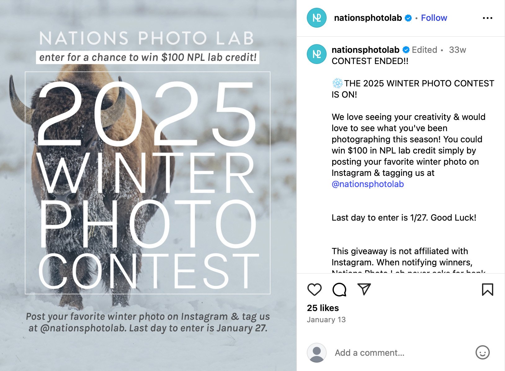 Nations Photo Lab promotes their Winter Photo Contest with bold branding and clear entry instructions