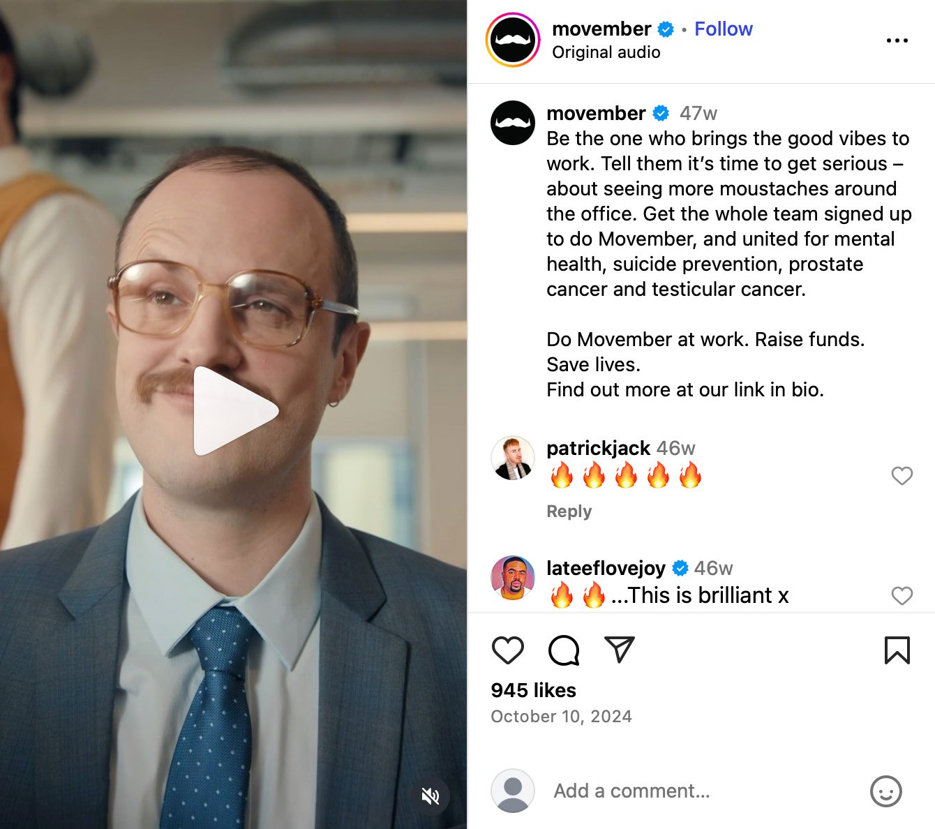Movember Instagram reel encouraging workplace teams to take part and grow moustaches for men's health