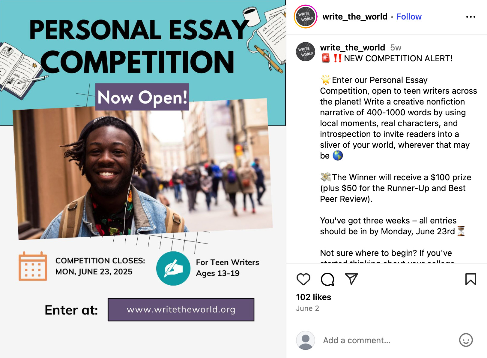 Write the World announces a personal essay competition for teen writers, closing June 23, 2025