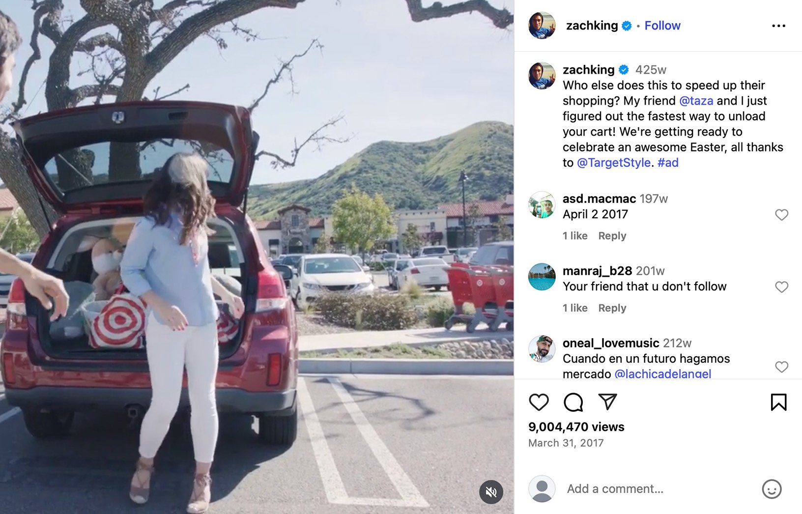 Woman unloading Target bags from a red SUV in a parking lot with Zach King