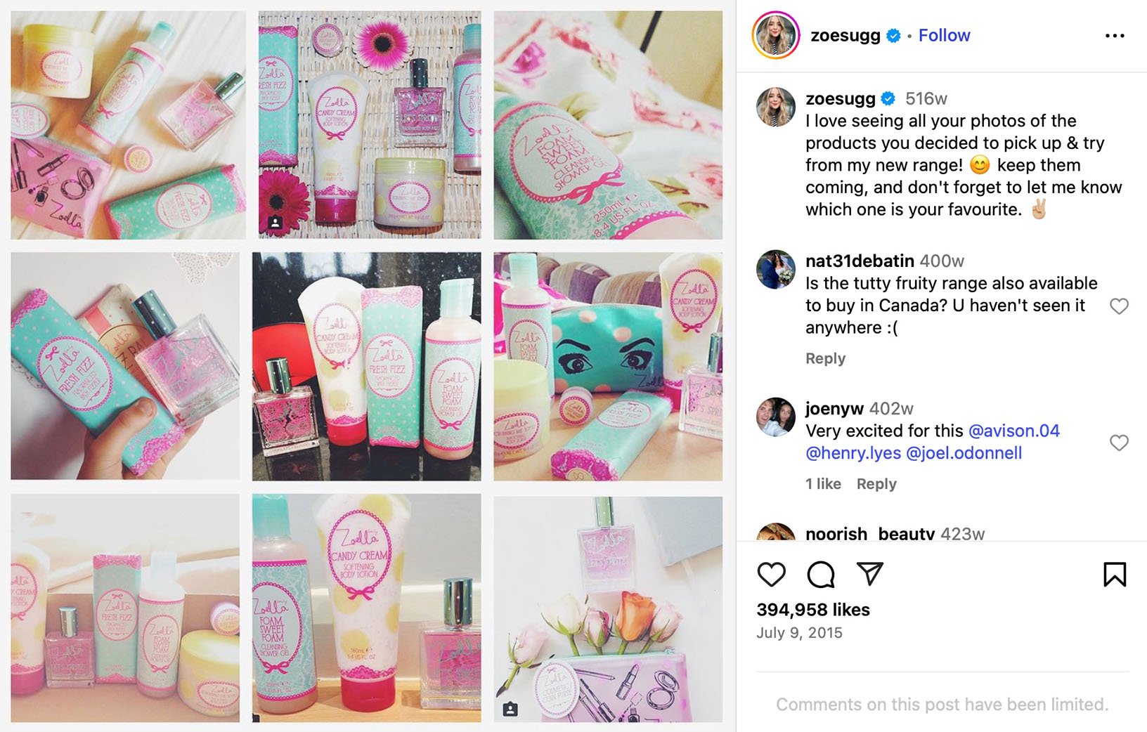 Collage of Zoella beauty products including body mists, lotions, and fizz bars in pastel packaging