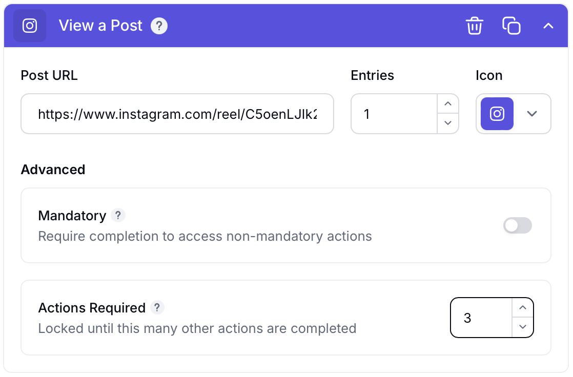 Gleam widget with mandatory actions and 7 more locked actions
