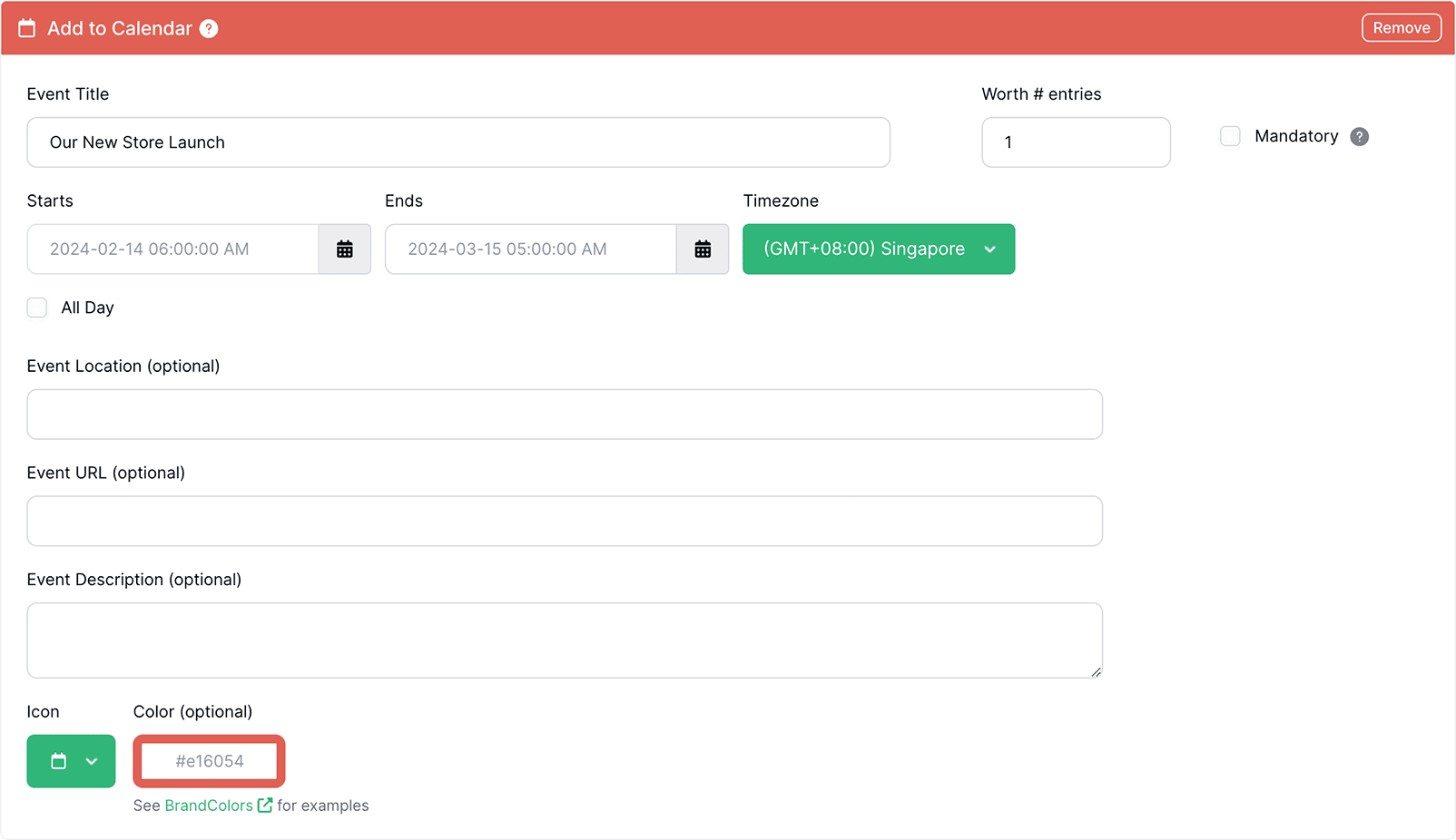 Admin view for Add to Calendar Action for Gleam.io