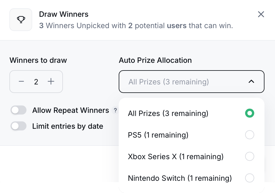 Pick a prize to draw winners for in Gleam Competitions