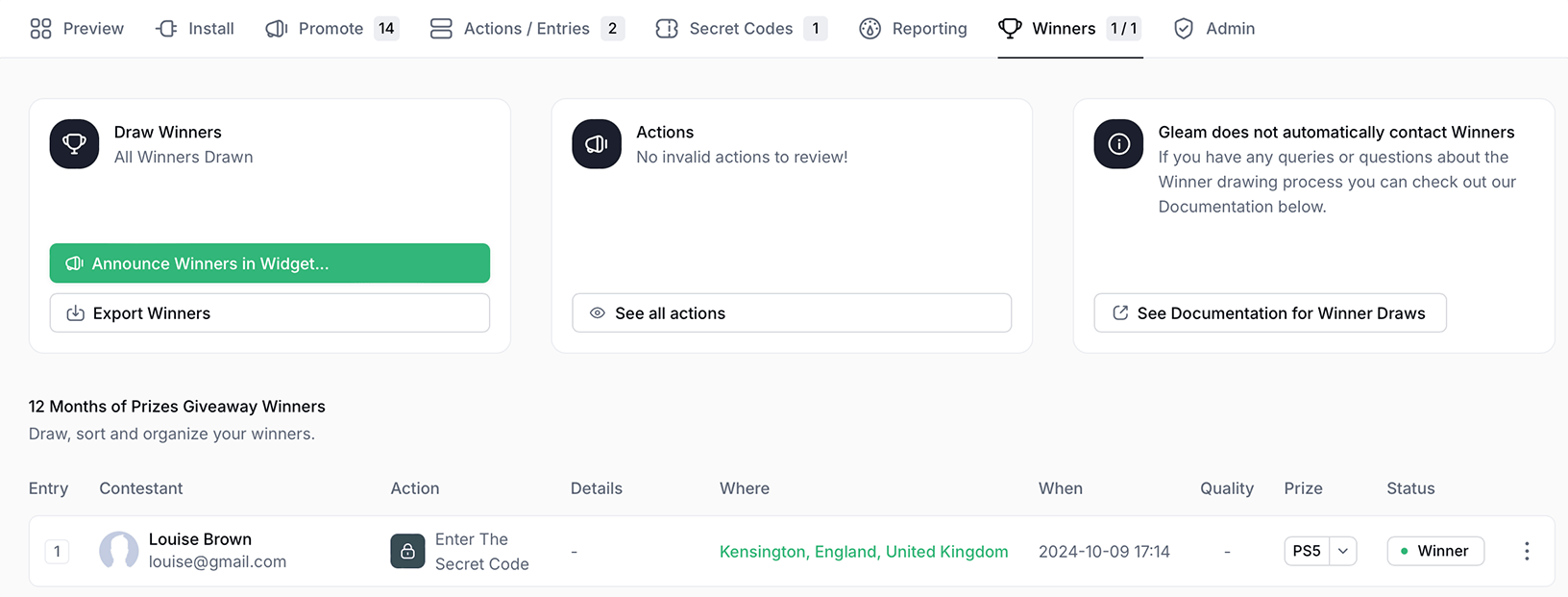 Winners tab with all winners drawn for a Gleam Competitions campaign