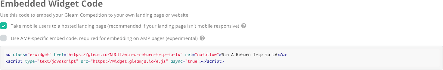 Embedded widget settings in Gleam Competitions platform