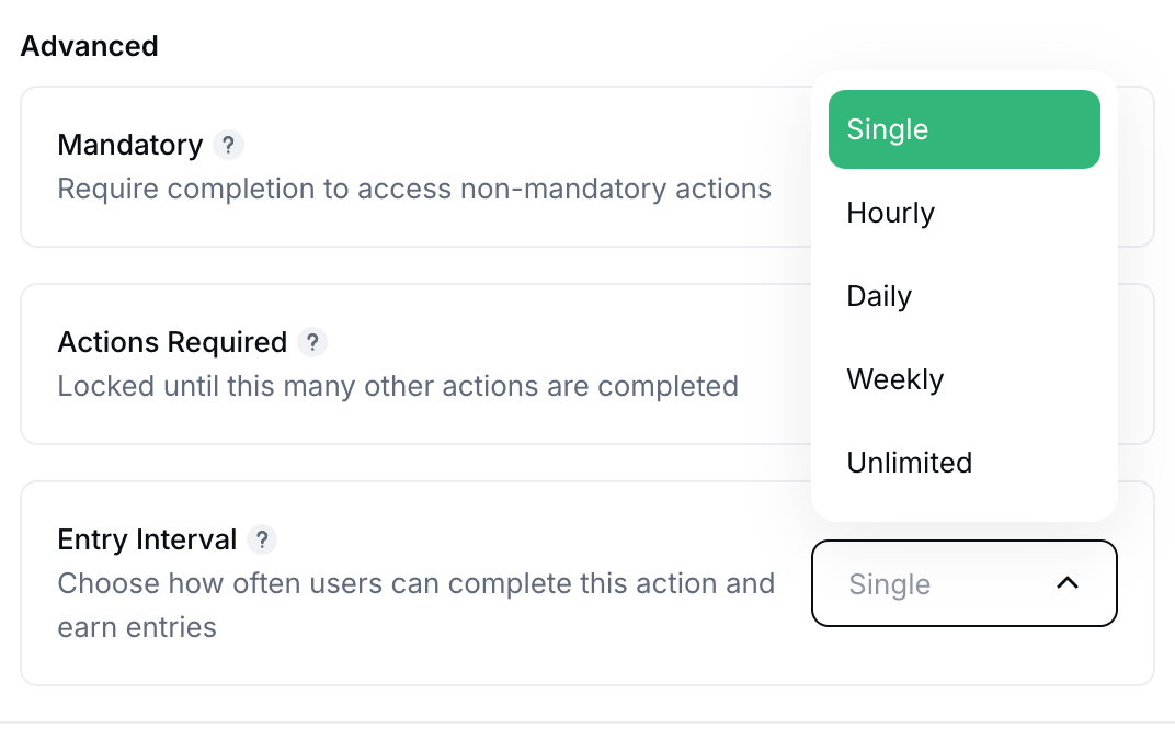 Gleam interface with entry interval dropdown