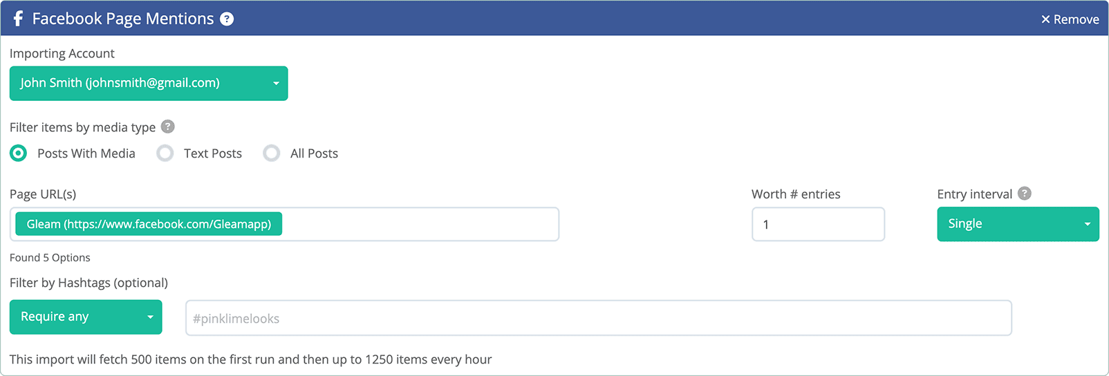 Admin view for Facebook @mentions Import action on Gleam
