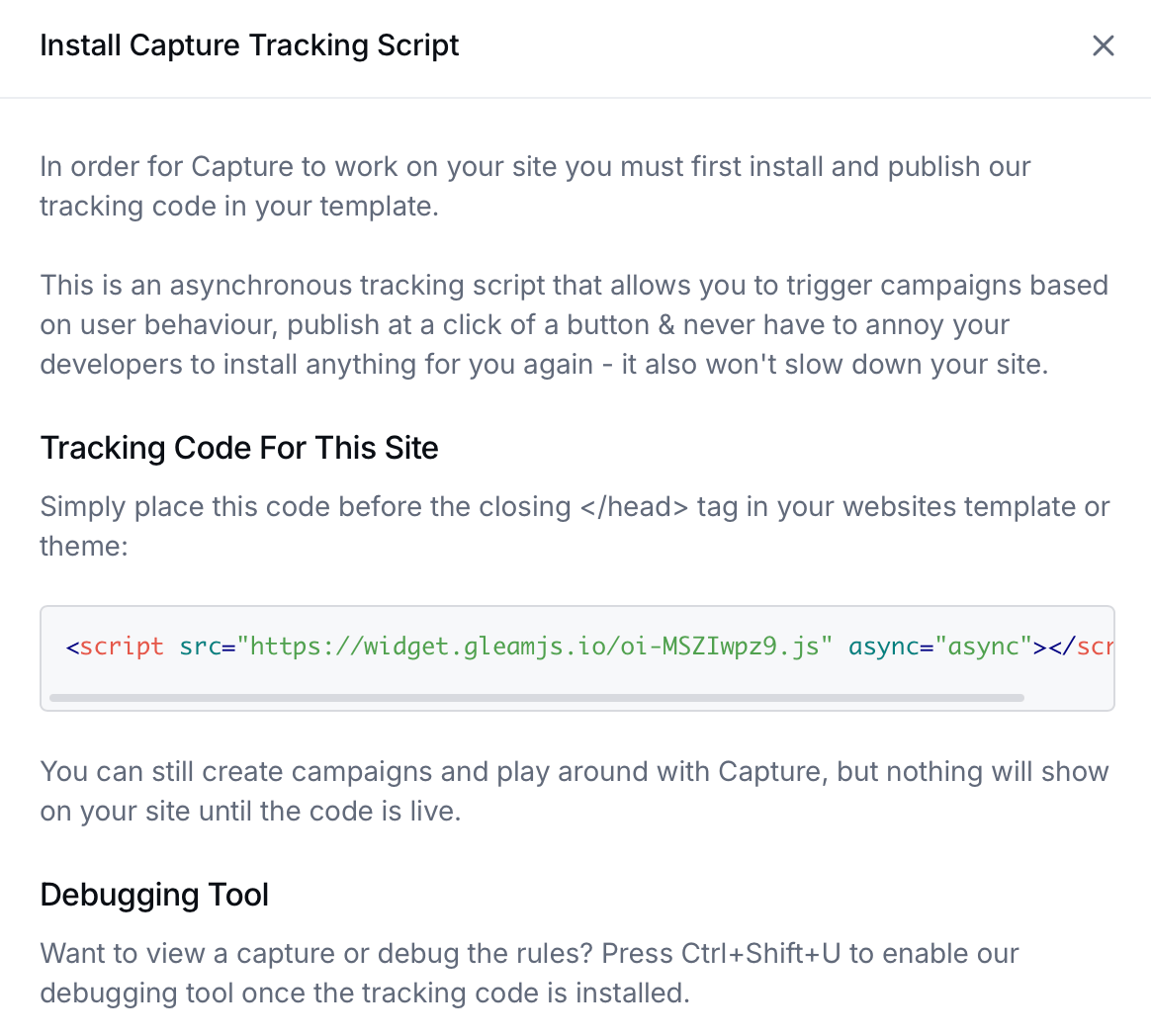 Gleam interface showing tracking code for capture