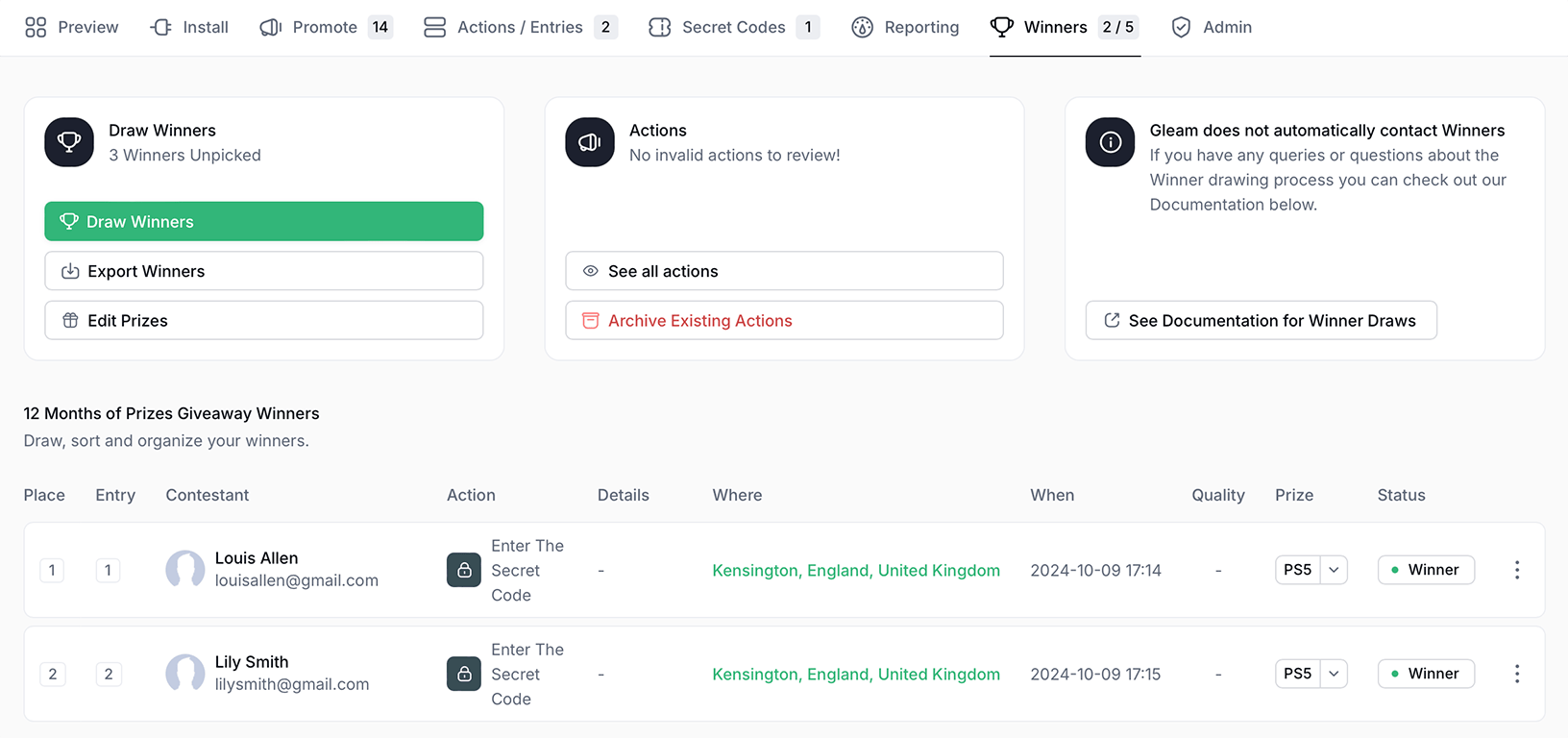 A list of winners are drawn in Gleam Competitions