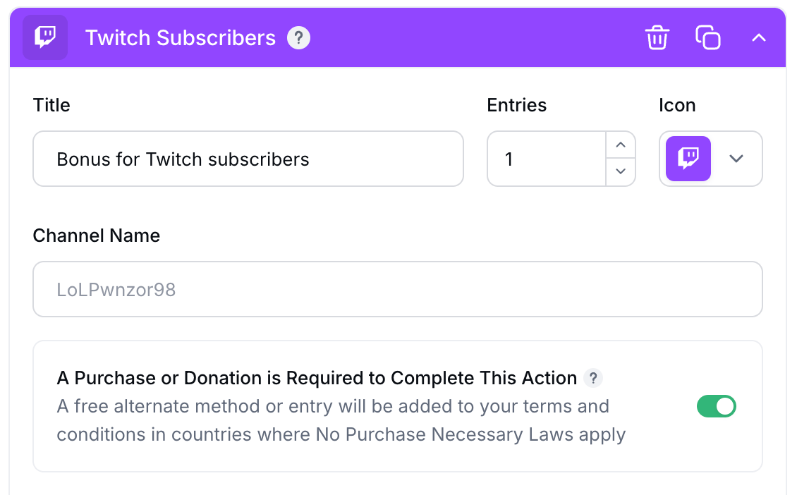 Gleam interface with twitch subscribers entry