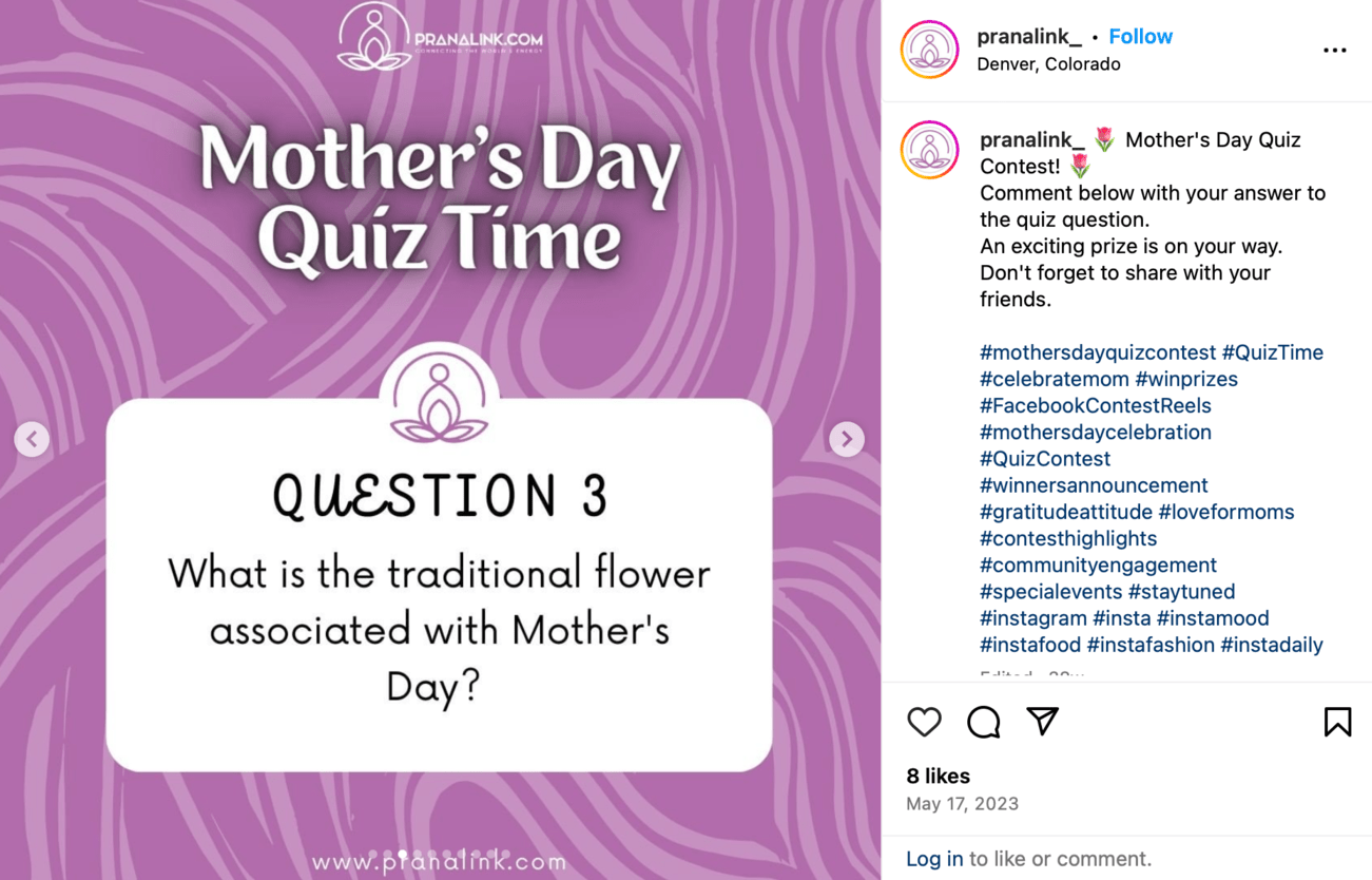 Mother's Day quiz shared on Instagram for contest engagement