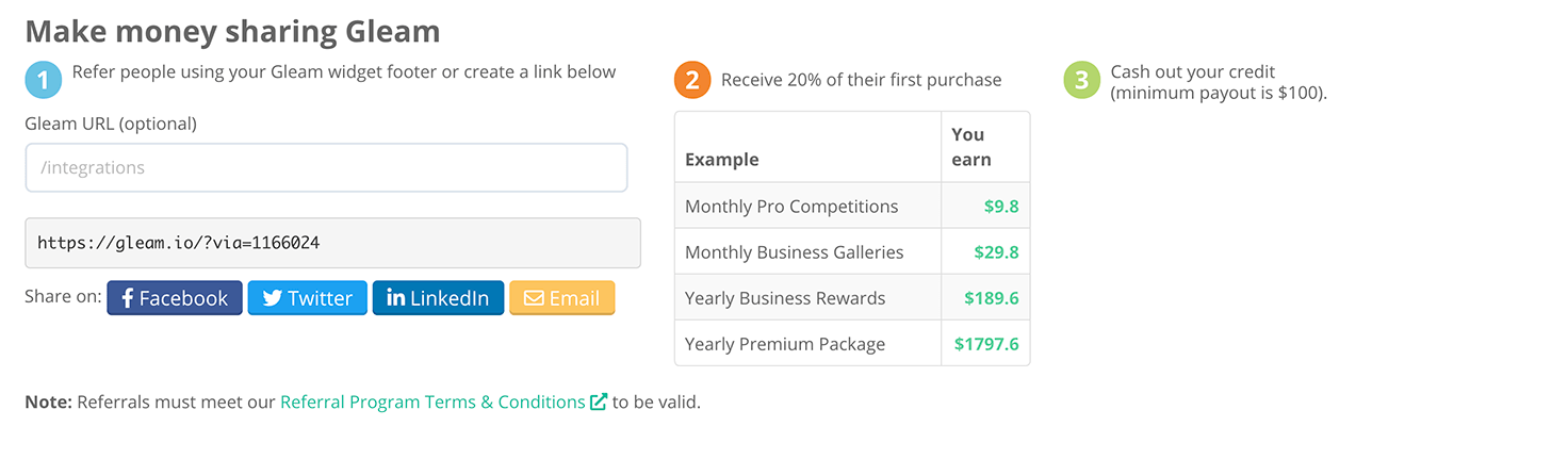 Referral information on the Gleam platform